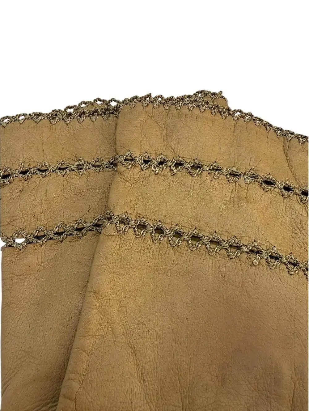 Vintage Soft Light Brown Leather Gloves with Embroidery, Gauntlet Length